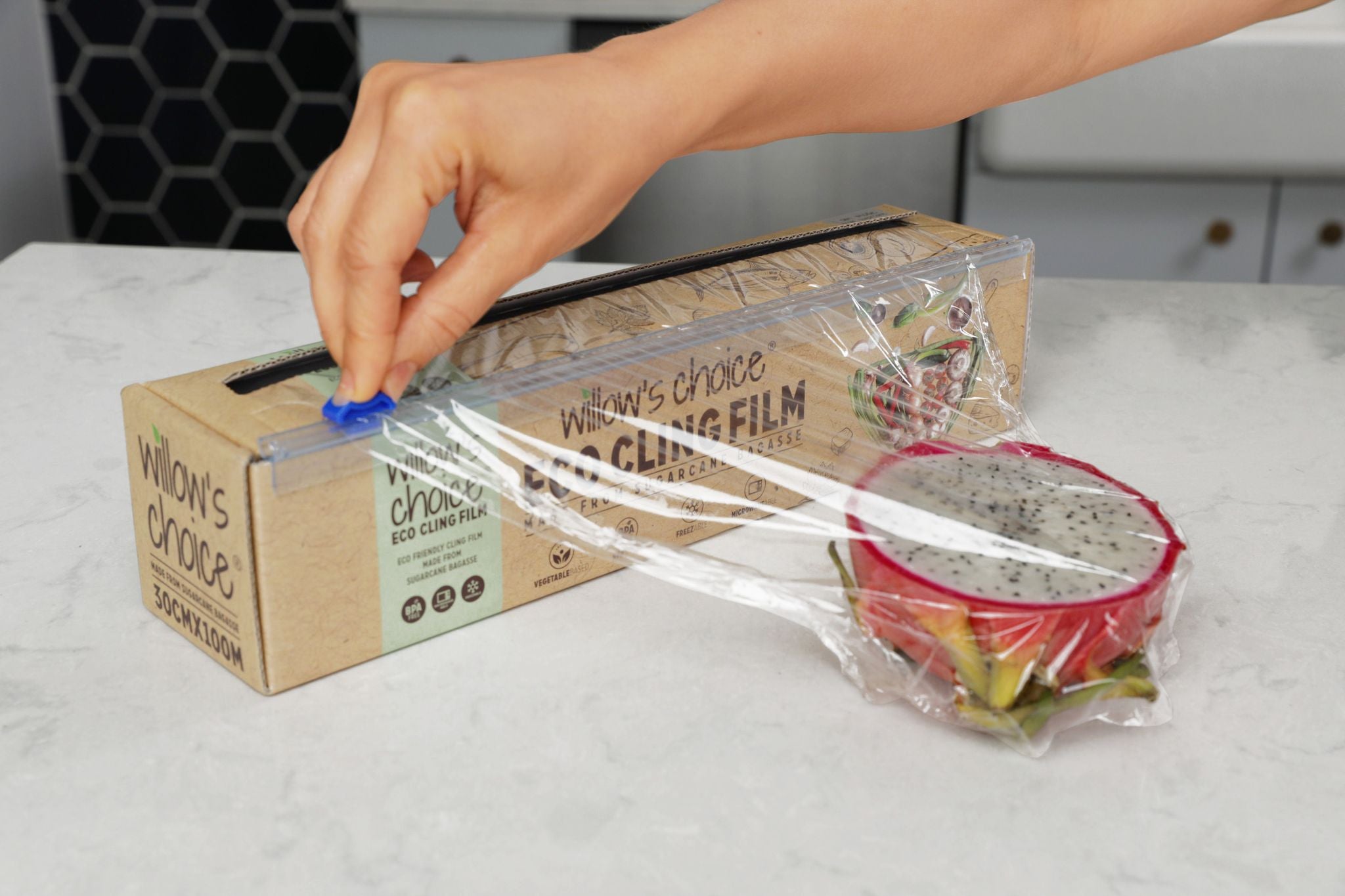 Eco Cling Film | Made from Sugarcane Plant Based Material | Vegan, Recyclable, BPA Free | Microwave Safe with Dispenser & Cutter (100m x 30cm)