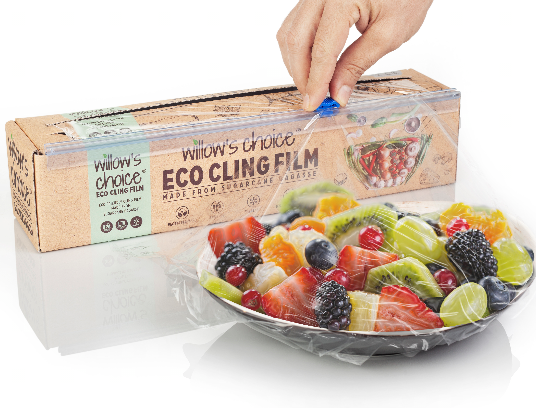 Eco Cling Film | Made from Sugarcane Plant Based Material | Vegan, Recyclable, BPA Free | Microwave Safe with Dispenser &amp; Cutter (100m x 30cm)